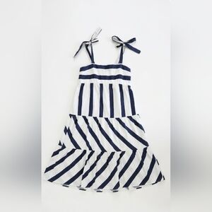 MSK Striped Sundress Navy White Tie Strap Tiered Midi Dress M.